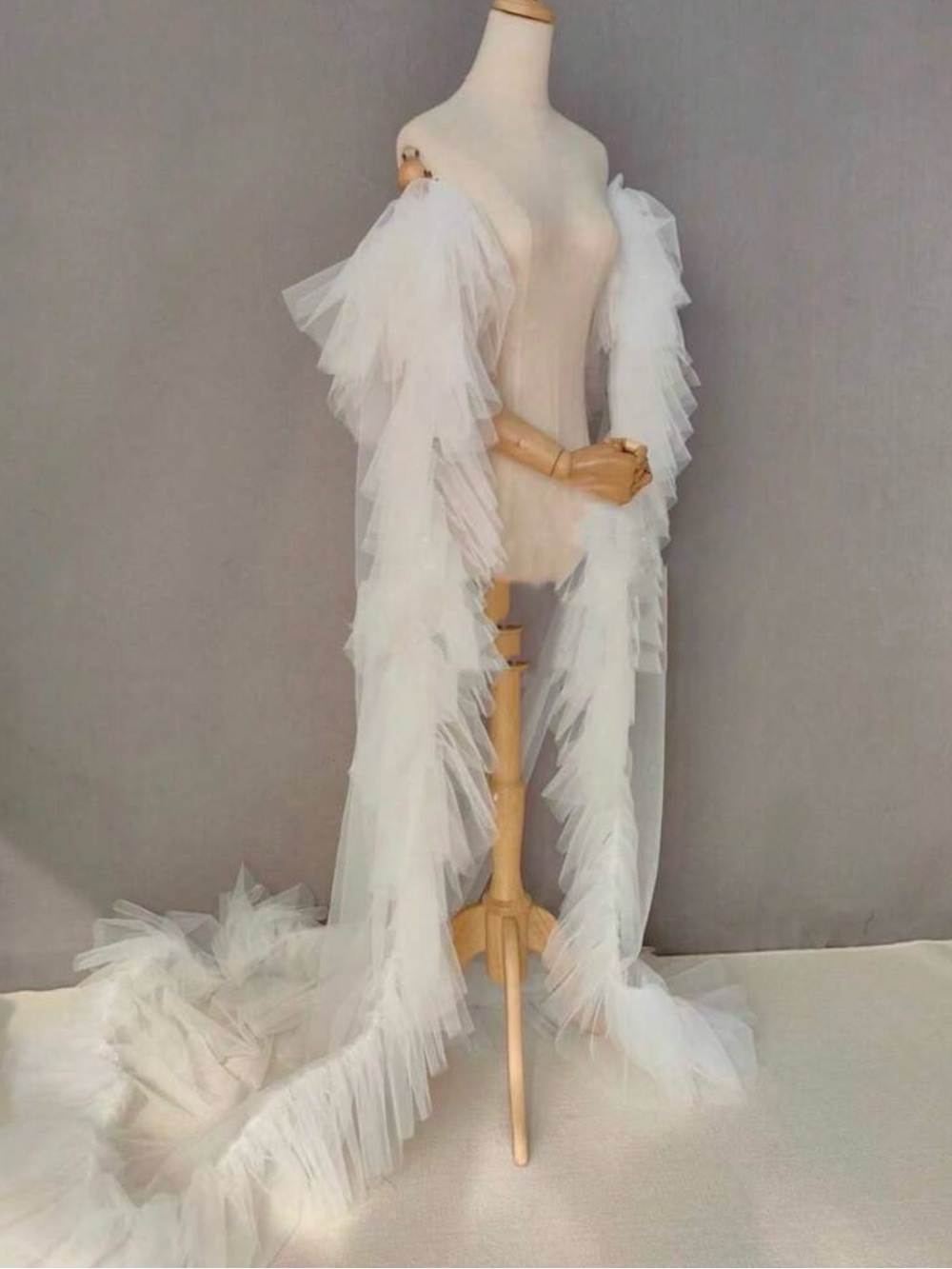 White Sheer Layered Tulle Robe with Train